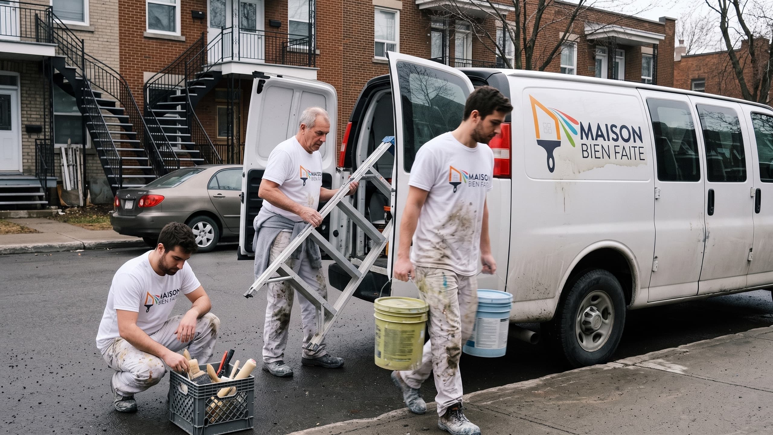 The Maison Bien Faite crew unloading the van at the start of a job in Montreal